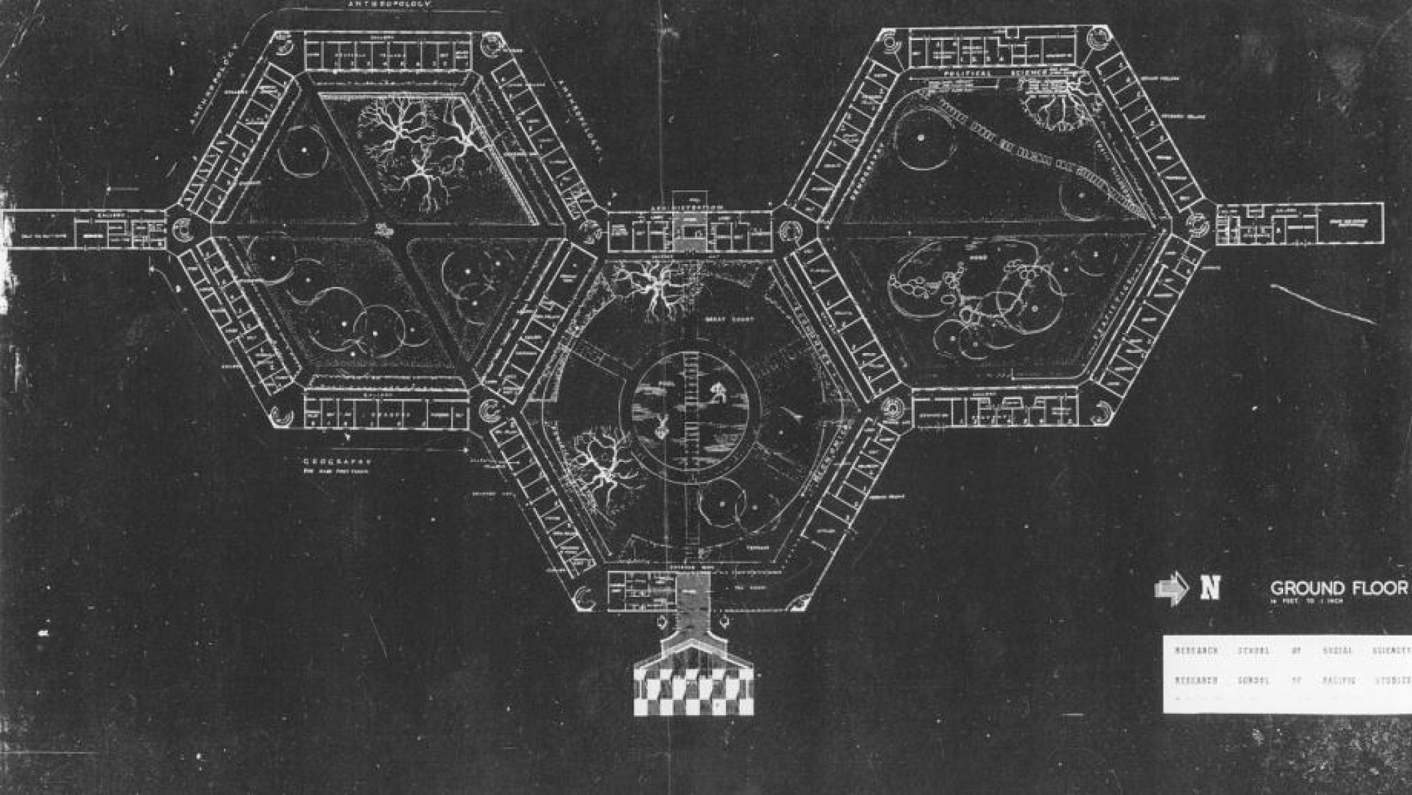 The original drawings for the Coombs Building Courtesy ANU Reporter