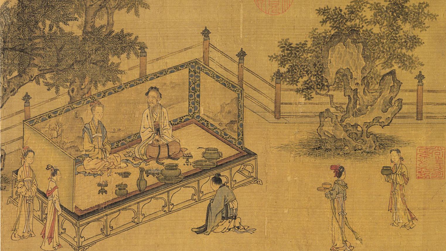 Scene from Illustrations of the Classic of Filial Piety, depicting a son kneeling before his parents.