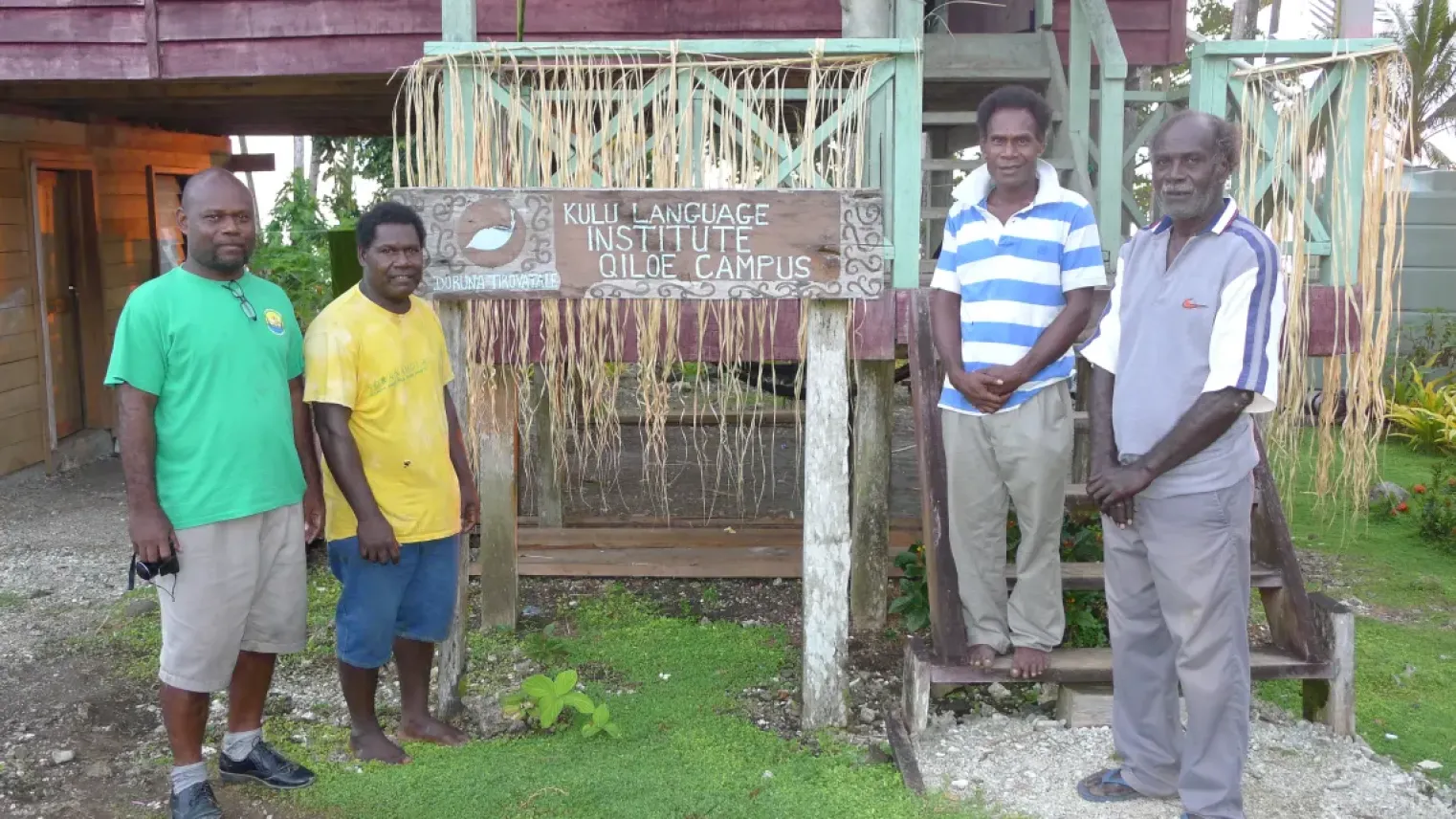 Kulu Language Institute, Qiloe village, Ranongga. L-R Alpheaus Zobule, Izikeli Moata, John Tengana, Stephen Buka. 2017.